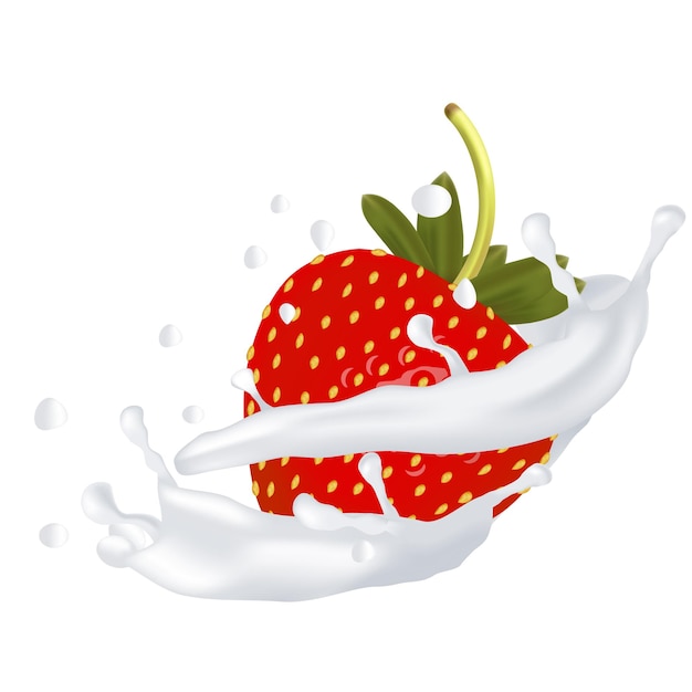 Imagen realista de fresas en salpicaduras de leche. Ilustración vectorial