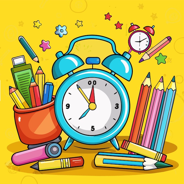 una imagen de un reloj con una cara azul y lápices