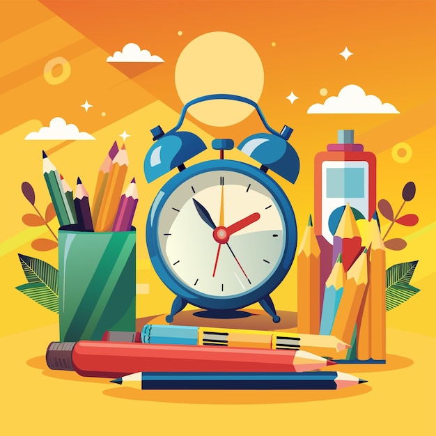 una imagen de un reloj con lápices y lápices en el fondo