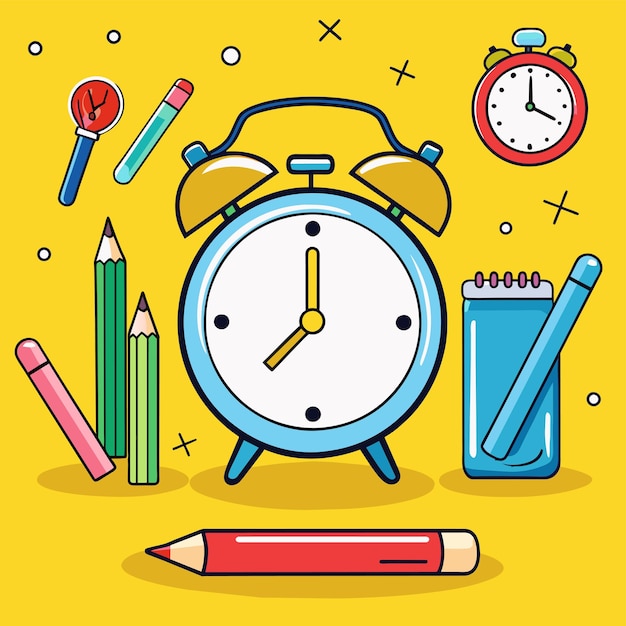una imagen de un reloj con un lápiz y otros bolígrafos
