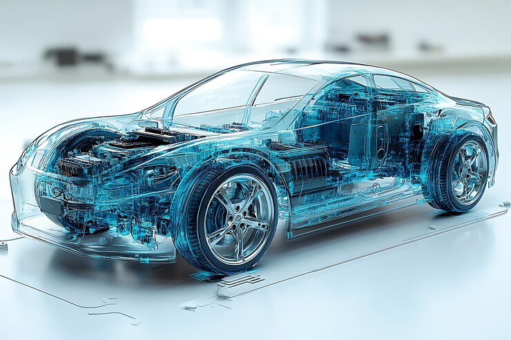 Vector imagen renderizada en 3d que representa un automóvil con marco de alambre tecnología de marco de alamparo