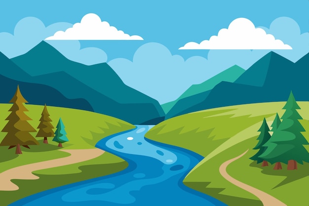 una imagen de un río con un río y montañas al fondo