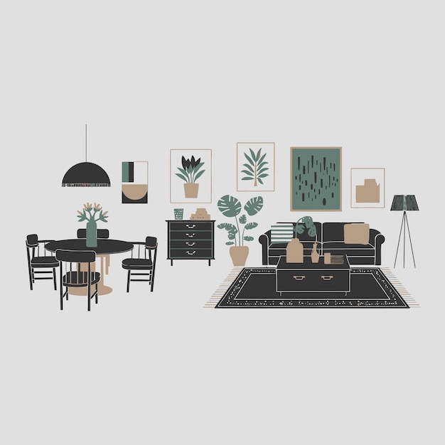 una imagen de una sala de estar con una mesa y sillas