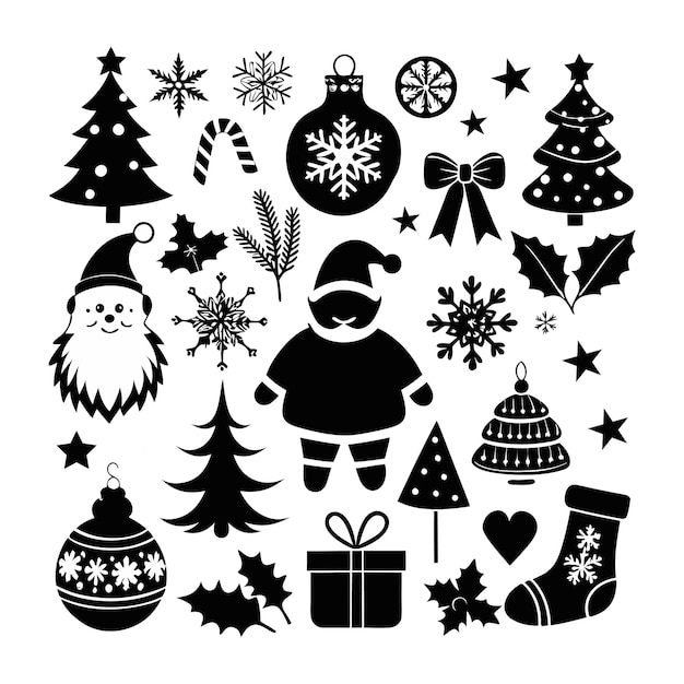 Imagen de silueta de elementos felices de Navidad y Papá Noel en blanco