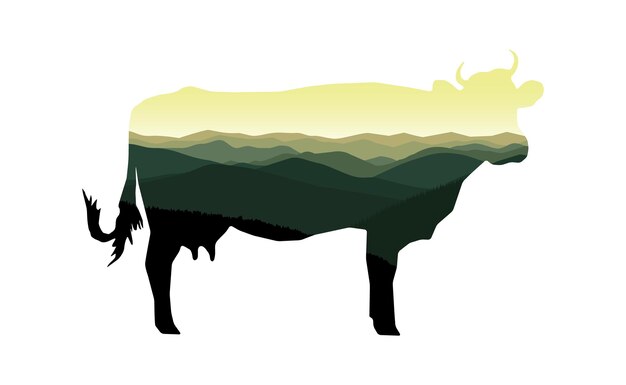 Imagen silueta de una vaca con colinas de montaña