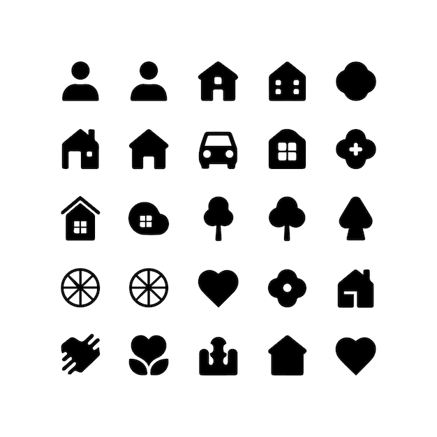 Una imagen de silueta vectorial de un conjunto de iconos llenos de negro con un fondo blanco