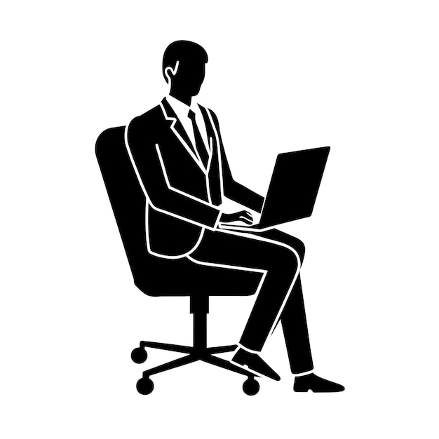 imagen de silueta vectorial de un hombre de negocios sentado en una silla de oficina trabajando diligentemente en una computadora portátil