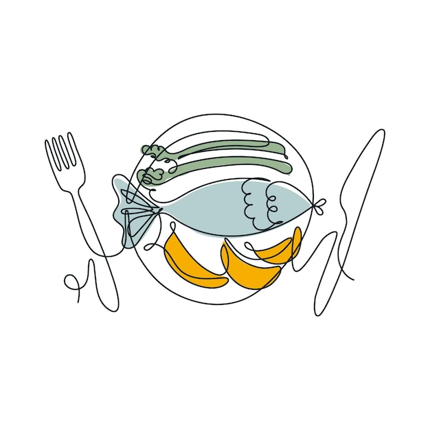 Imagen simplificada de una comida sabrosa cena en estilo de arte en línea patatas de pescado preparadas espárragos