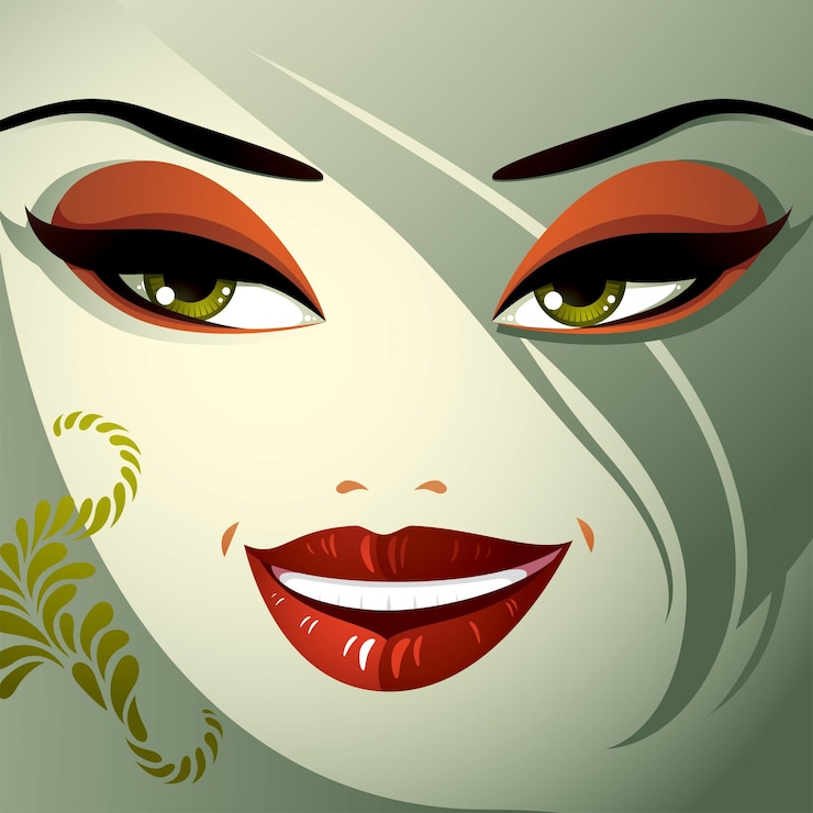 Vector imagen del tema de la cosmetología. señora bonita joven con corte de pelo de moda. ojos humanos, labios y cejas que reflejan una expresión facial, felicidad.