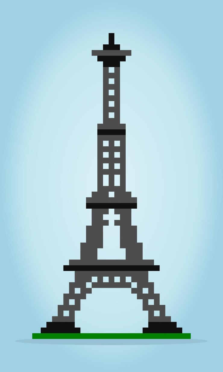 Vector imagen de la torre eiffel de píxeles de 8 bits edificio en la ilustración del arte vectorial de la torre de píxeles en francia