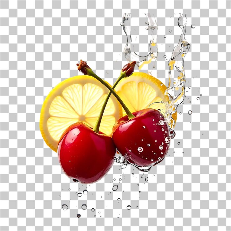 Vector una imagen de tres cerezas y un limón con un salto de agua