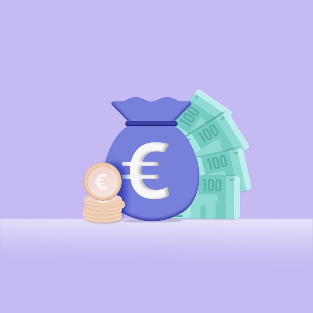 Vector imagen tridimensional de una bolsa de dinero euro