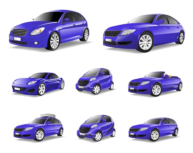 Imagen tridimensional del coche violeta aislado sobre fondo blanco