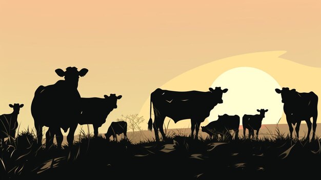 Vector una imagen de una vaca con una puesta de sol en el fondo