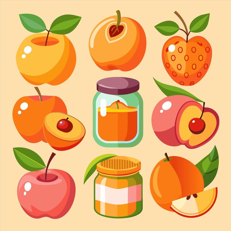 Vector una imagen de varias frutas, incluida una que tiene una jarra de miel