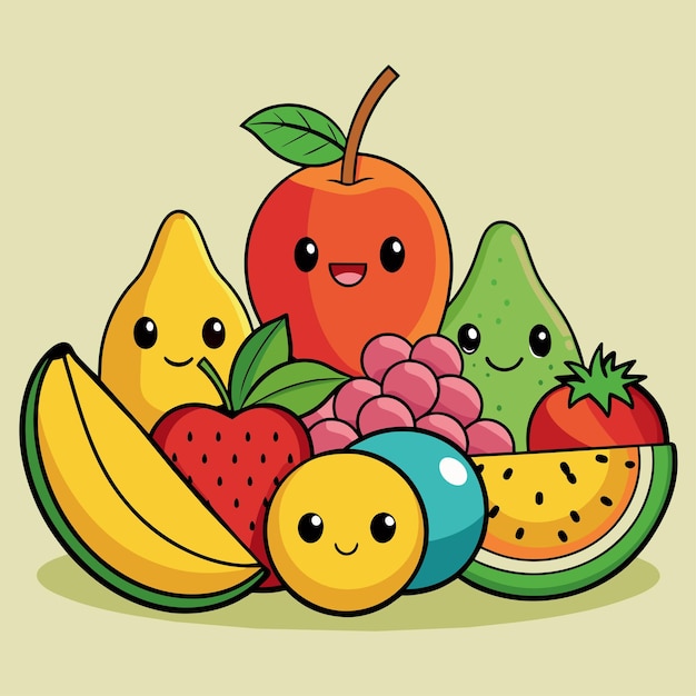 Vector una imagen de una variedad de frutas, incluidos plátanos, fresas y plátanos