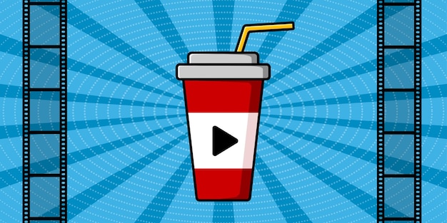 Imagen de un vaso con una bebida y un botón de inicio Póster de cine Ilustración vectorial