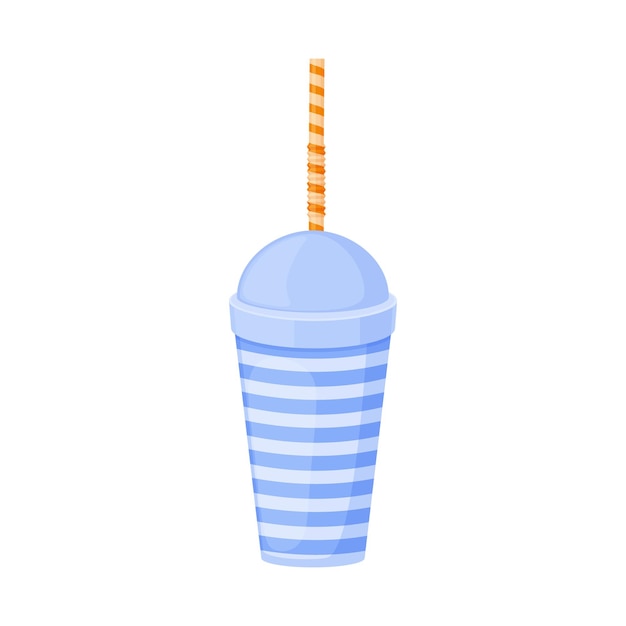Imagen de un vaso con pajita. Copa de cóctel de plástico. Una copa de rayas azules con una pajita. Ilustración de vector aislado sobre fondo blanco