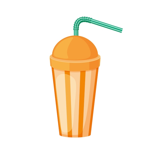 Una imagen de un vaso de papel con una pajita. un vaso de plástico para comida rápida. una taza para bebidas en color naranja con pajita. ilustración de vector aislado sobre fondo blanco