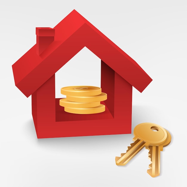 Imagen vectorial 3D realista de un montón de monedas de oro con una casa roja y una llave de metal
