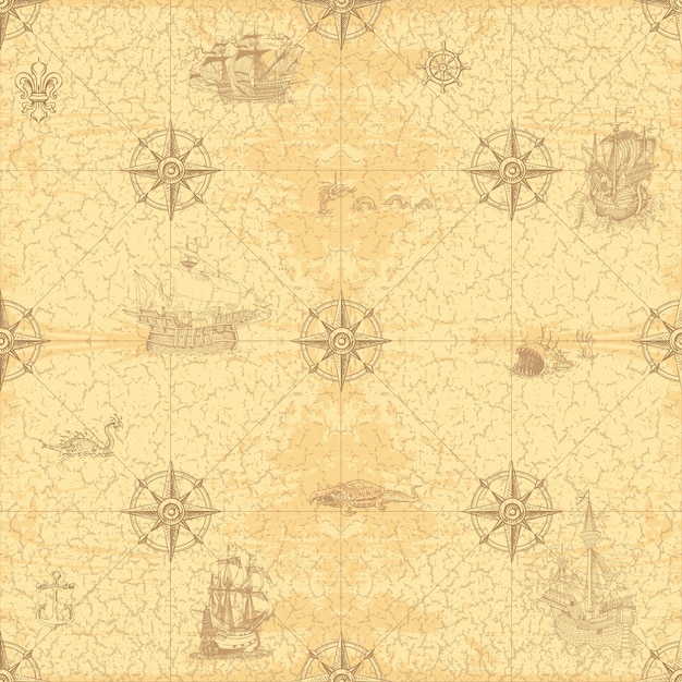 Vector imagen vectorial del antiguo mapa de navegación rutas marítimas de barcos medievales