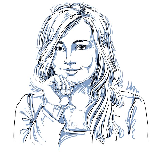 Imagen vectorial artística dibujada a mano, retrato en blanco y negro de una chica coqueta con rasgos delicados. Ilustración del tema de las emociones.