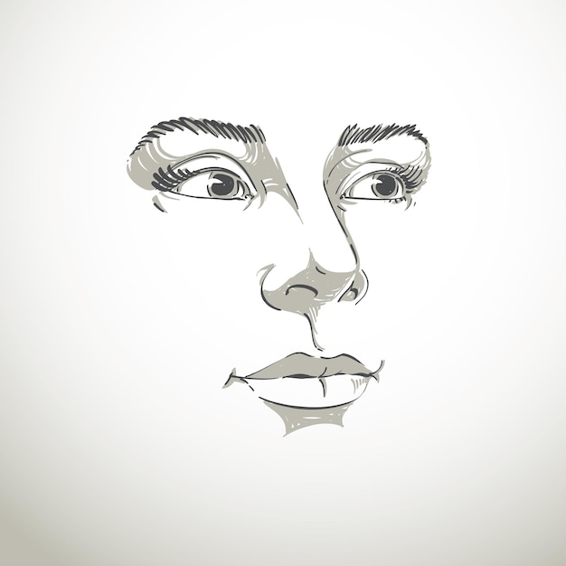 Vector imagen vectorial artística dibujada a mano, retrato en blanco y negro de una chica delicada y elegante. ilustración del tema de las emociones. personalidad pacífica y confiada, rasgos del rostro.