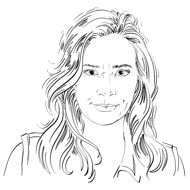 Imagen vectorial artística dibujada a mano, retrato en blanco y negro de una chica enojada con arrugas en la cara. Ilustración del tema de las emociones.