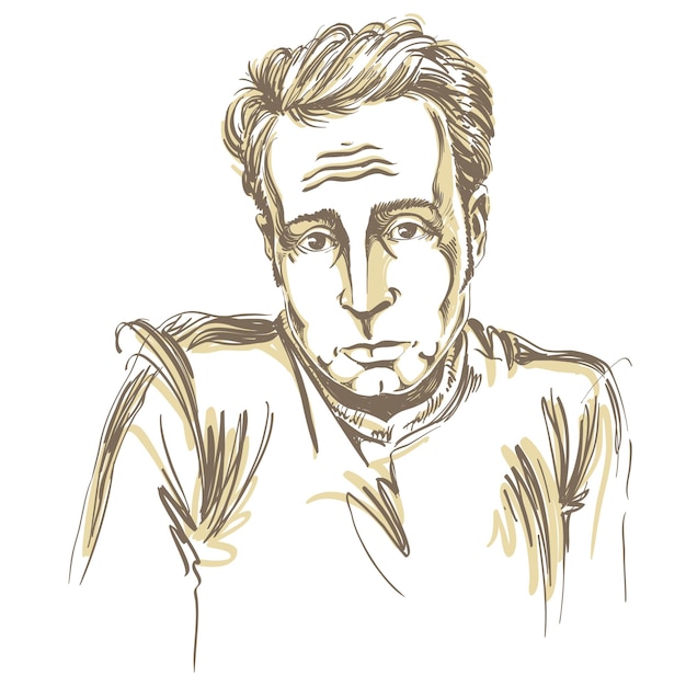 Imagen vectorial artística dibujada a mano, retrato en blanco y negro de un tipo culpable y arrepentido. ilustración del tema de las emociones.