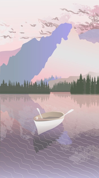 Imagen vectorial, un barco en un lago en las montañas