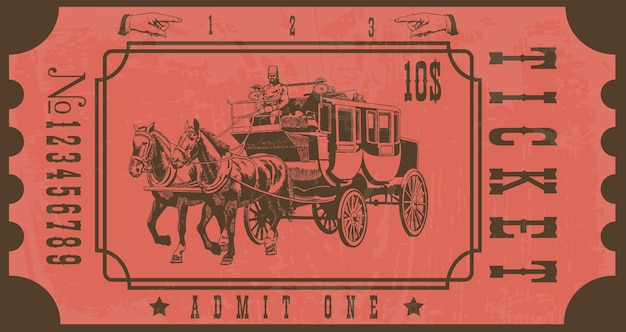 Imagen vectorial de un billete de diligencia en estilo vintage con la imagen de un omnibus tirado por un viejo caballo