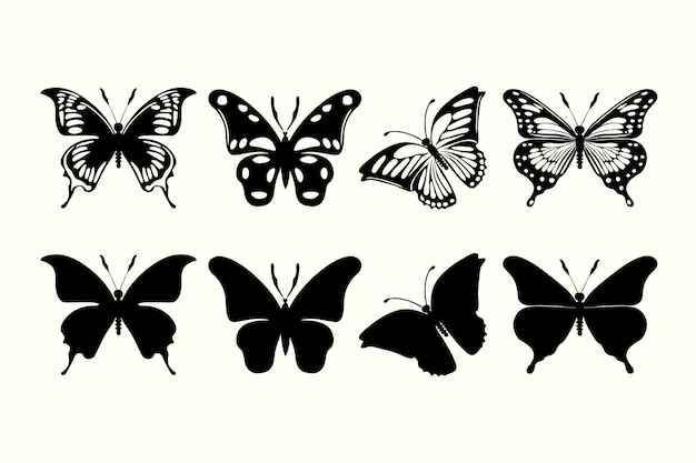 Imagen vectorial en blanco y negro de una silueta de mariposa voladora para tarjetas de tatuaje