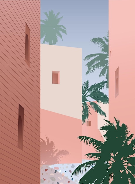 Imagen vectorial, una calle en una ciudad tropical con palmeras y casas