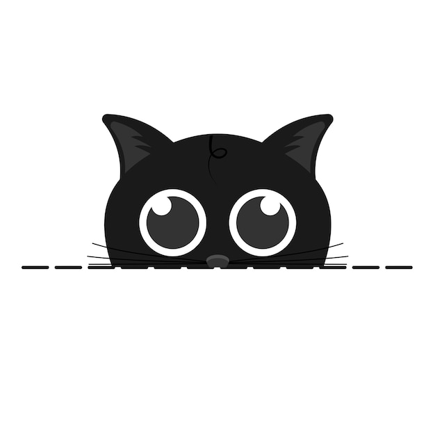 Imagen vectorial de una cara de gato negro con ojos grandes mirando hacia afuera en un fondo blanco