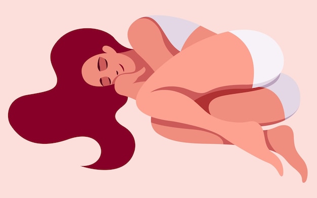 imagen vectorial de una chica dormida en lencería acurrucada en una pose acogedora con el pelo volando alrededor de la cama