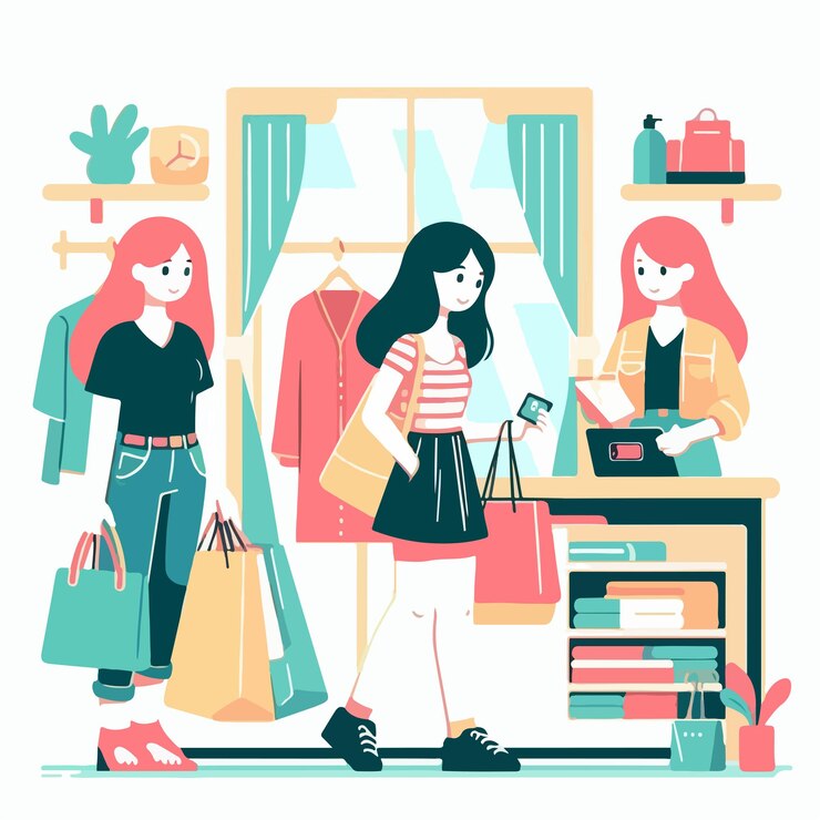 Vector imagen vectorial de chicas de compras con un diseño simple y minimalista