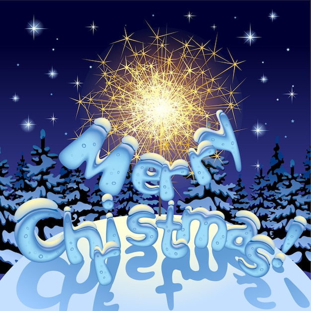 Imagen vectorial de una chispa y texto de Feliz Navidad con letras de hielo bajo la nieve en la noche de invierno