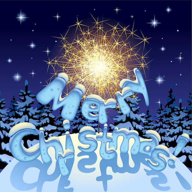 Vector imagen vectorial de una chispa y texto de feliz navidad con letras de hielo bajo la nieve en la noche de invierno