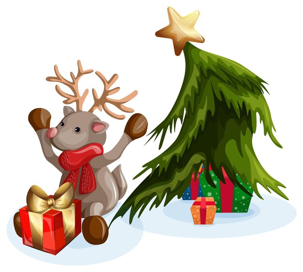 Imagen vectorial de un ciervo de Navidad sentado junto al árbol y abriendo cajas de regalo envueltas Concepto EPS 10
