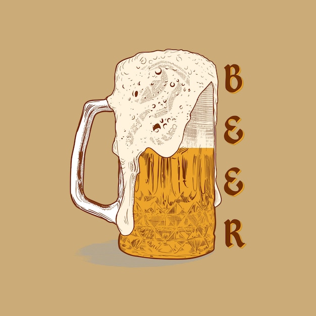 Imagen vectorial de color de una jarra de cerveza. Beber con mucha espuma. Cerveza de barril. vendimia