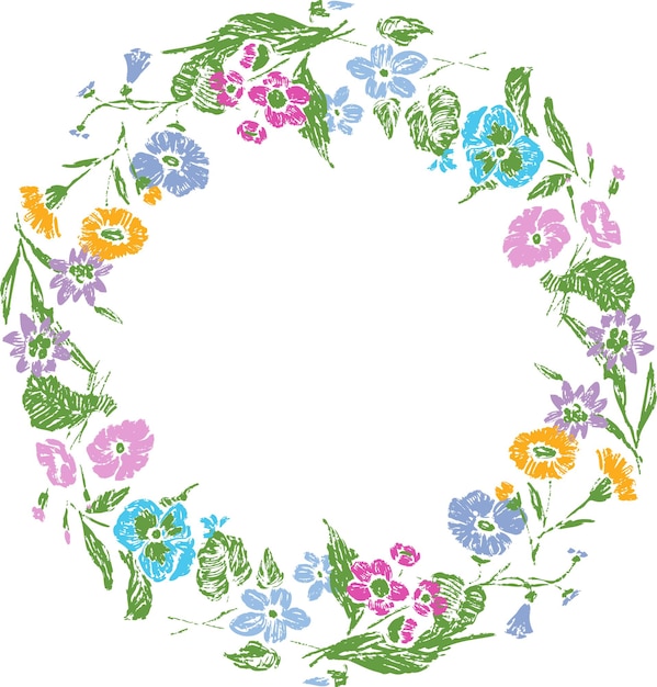 Imagen vectorial de corona floral de varias flores delicadas dibujadas