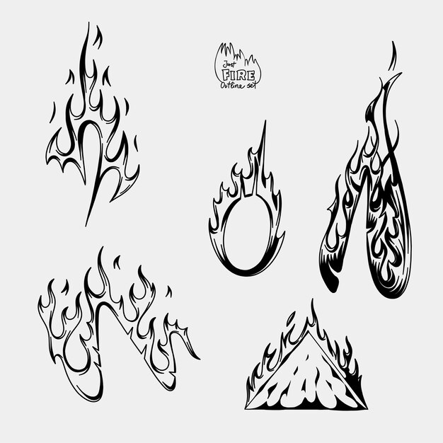 Imagen vectorial dibujada a mano del conjunto de llamas del contorno