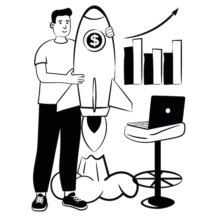 Vector imagen vectorial dibujada a mano del hombre con el lanzamiento de un cohete empresarial