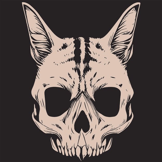 Imagen vectorial dibujada a mano monocromática con estampado de camiseta de esqueleto de gato