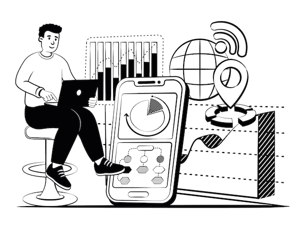La imagen vectorial dibujada a mano de una persona sigue las nuevas tendencias para los negocios digitales.