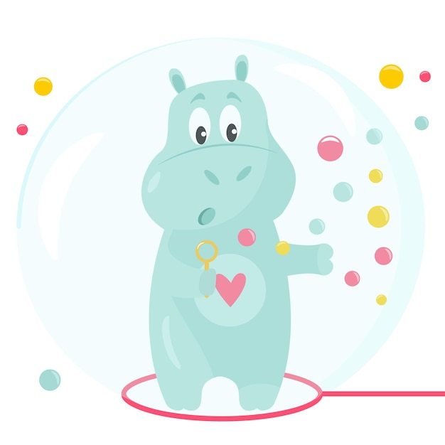 Imagen vectorial de un divertido hipopótamo con pompas de jabón