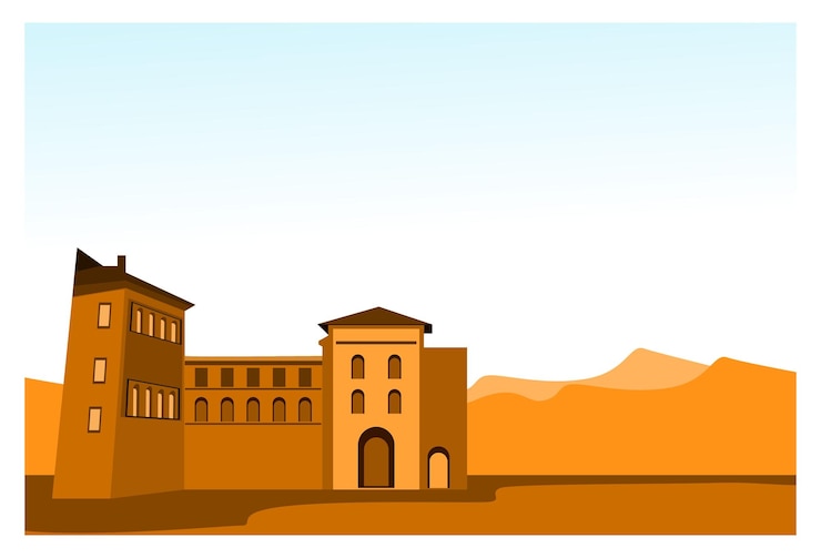Vector imagen vectorial de un edificio con un fondo de montaña de arena