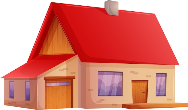 Imagen vectorial del edificio de un solo piso de la aldea en estilo de dibujos animados Casa de ladrillo con puerta de inserciones de madera de techo rojo en concepto de fondo transparente