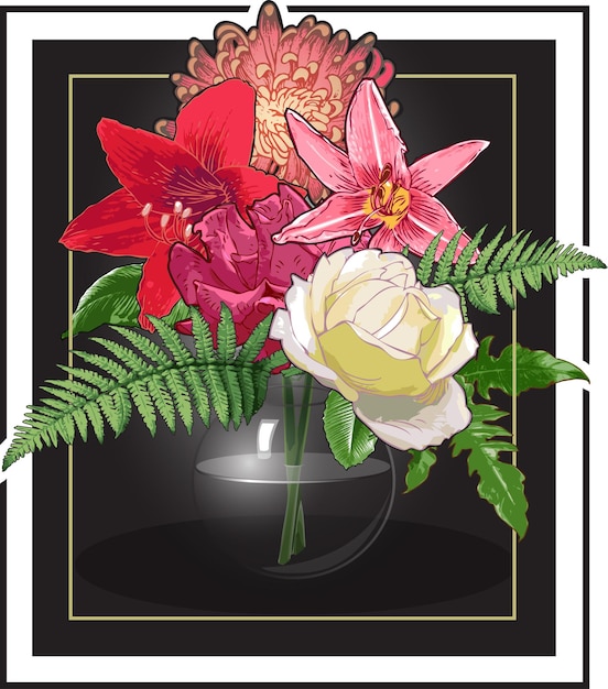 imagen vectorial de flores en un jarrón al estilo de un bodegón holandés en un marco de diseño