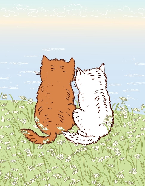 Imagen vectorial de los gatos sentados en la orilla del mar